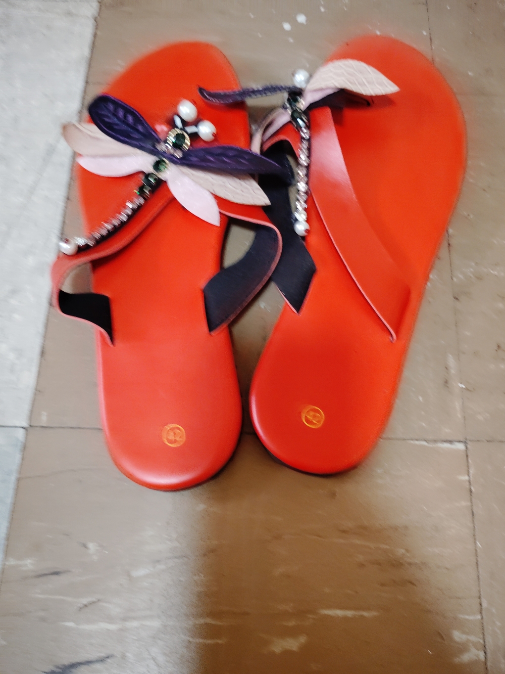 Red Floral Embellished Women's Slide Sandals